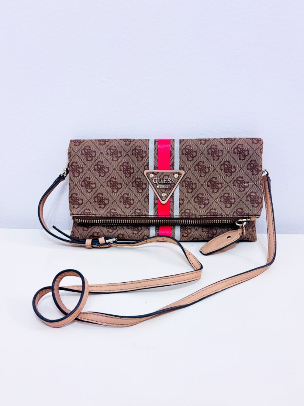 GUESS Brown Monogram Crossbody Bag | Foldover Designer